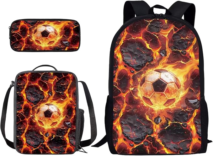 Lava Crack Soccer Ball Print Schoolbag Set, Girls School Large Bookbag Set, Middle Students Backpack with Lunch Box, Boys Knapsack Set Durable, Suitable for School or Travel, Black Red by PCSJRKG