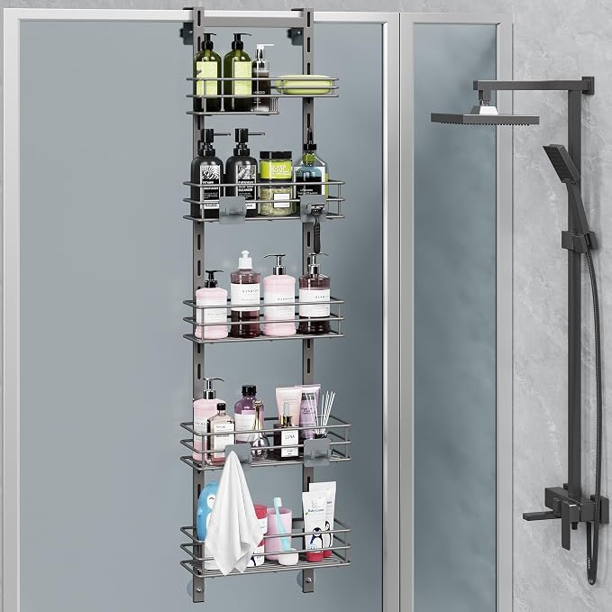 Orimade Over The Door Shower Caddy Adjustable 5 Tier Dark Grey,Bathroom Hanging Organizer Shelf Rustproof with 4 Hooks,Shower Basket with Soap Holder and Suction Cup by Orimade