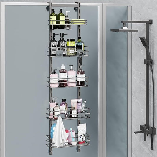 Orimade Over The Door Shower Caddy Adjustable 5 Tier Dark Grey,Bathroom Hanging Organizer Shelf Rustproof with 4 Hooks,Shower Basket with Soap Holder and Suction Cup by Orimade