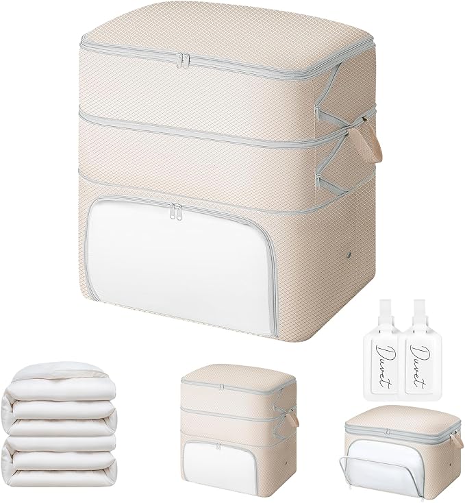 Comforter Storage Bag - 130L Blanket Storage Bags Front-opening Ultra Space Saving Self Compression Organizer, Washable Compression Bags for Storage Comforter Blanket, 1 Pack, Beige by EasortmPackingCubes