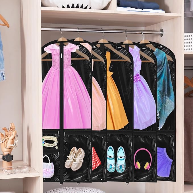 Windyun 10 Pack Garment Bags for Dance Costumes Kids 40 Inch Bags Hanging Clothes with 3 Clear Zipper Pocket Waterproof Garment Cover for Dance Competition, Travel, Closet Storage (Translucent Black) - Image 6
