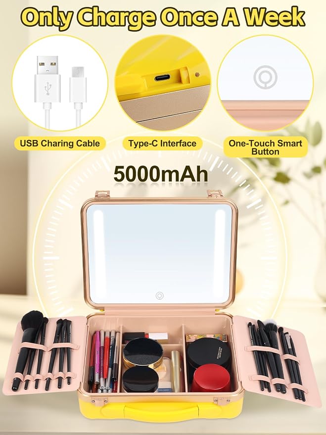 Kalolary Travel Makeup Train Cases with Lighted Mirror 3 Color Setting | Makeup Bag Cosmetic Organizer Adjustable Brightness Portable Makeup Storage Box with Detachable 5X Magnifying Mirror Yellow - Image 6