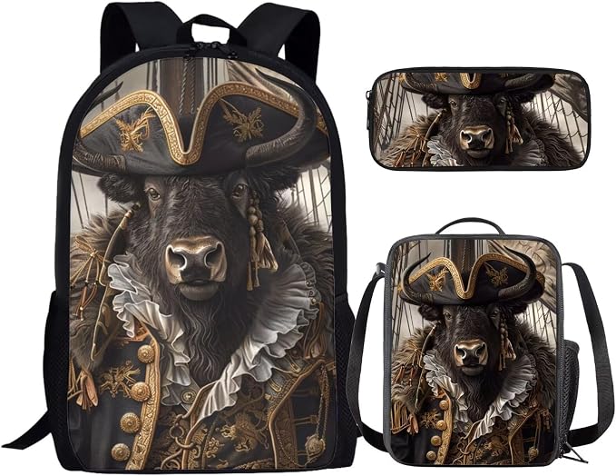 17 Inch Animal Print School Backpack And Lunch Box Set for Kids Lightweight Cool Unique Bison Backpack for Boys Girls Sturdy School Bag with Insulated Lunchbox Pencil Case Student Bookbag by Parprinty