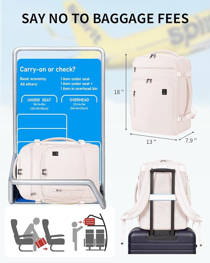 ECOHUB Travel Backpack for Women, 18x14x8 Frontier Airlines Personal Item Bag with Clear Toiletry Bag, Laptop Carry on Backpack with USB Port, Airline Approved Under Seat 14 Pockets 30L, Beige - Image 2