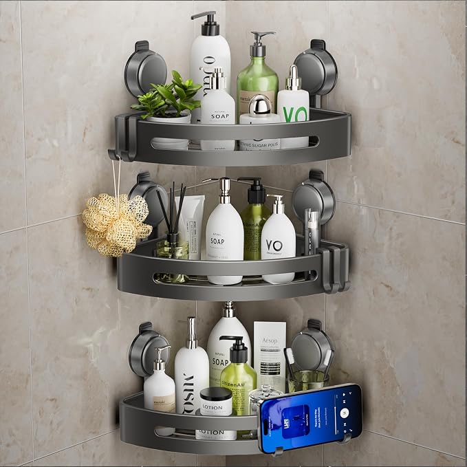 Shower Caddy Corner,Suction Cup Shower Caddy with Hooks,No Drilling Rustproof Aluminum Bathroom Organizers and Storage,Shelves for Bathroom Accessories Decor (3) by ONXEBornforqualityNeverWasteYourMoney