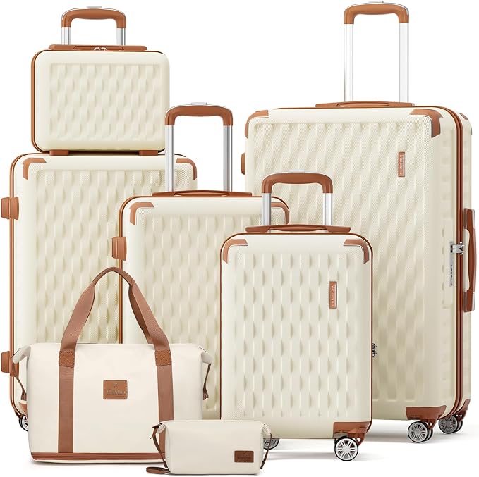 Melalenia Luggage Sets 7 Piece Hard Shell Carry on Suitcase with Spinner Wheels and TSA Lock, Lightweight Travel Duffel Bag for Women, Beige Brown by Melalenia