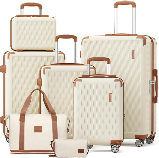 Melalenia Luggage Sets 7 Piece Hard Shell Carry on Suitcase with Spinner Wheels and TSA Lock, Lightweight Travel Duffel Bag for Women, Beige Brown by Melalenia