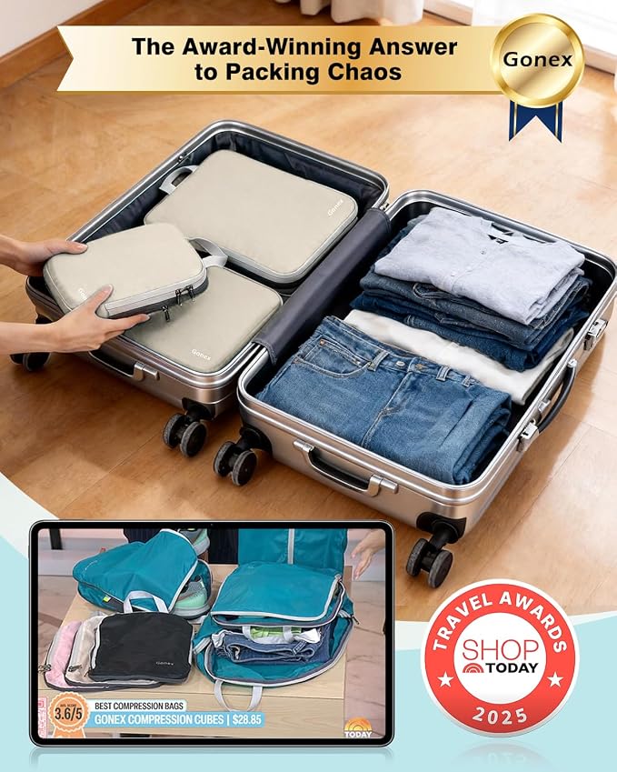 Gonex Compression Packing Cubes, 4pcs Expandable Storage Travel Luggage Bags Organizers (Cream) - Image 2
