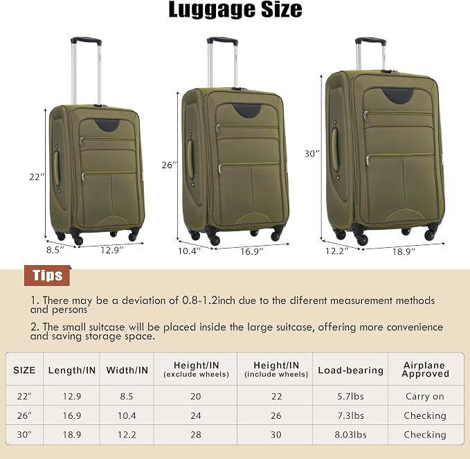 Merax Luggage Set, Softside Suitcase 3 Piece, Expandable Lightweight | Luggage Sets with Duffel Bag 22" 26" 30" Suitcase with Wheels TSA Lock,Army Green - Image 3