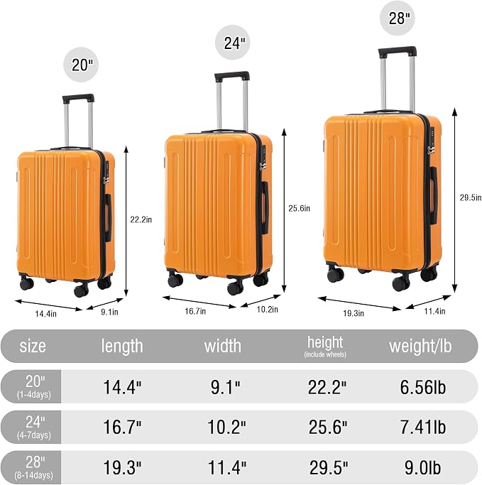 GDFStudio 20/24/28 Inch 3 Piece Luggage Set, ABS Hard Shell Spinner Suitcase with 360° Silent Wheels,TSA Combination Lock, Large Capacity Travel Luggage with Retractable Handle,Carry On,Orange - Image 3