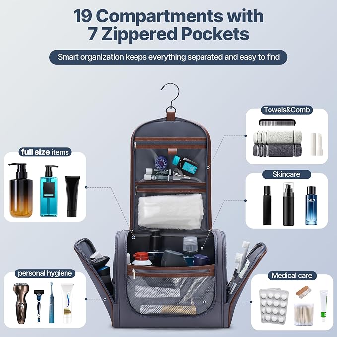 ZAHNI Men’s Hanging Toiletry Bag, Large Capacity Toiletry Organizer | Water-Resistant Toiletry Bag With 360° Hook, Multiple Compartments For Grooming & Shaving, Ideal For Travel & Business, Gray - Image 3