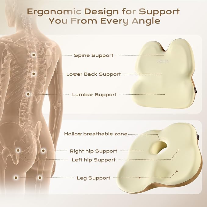 Coverado Lumbar Support Pillow and Seat Cushions for Office Chairs, Memory Foam Orthopedic Coccyx Cushion for Tailbone Pain Cushion Pillow & Back Pain Pressure Relief Seat Cushion Coffee&Beige - Image 5