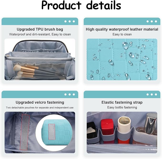 BOYATU Checkered Travel Makeup Bags: Vacation-Ready Light Blue Large Capacity Cosmetic Bag for Women - 3 Pcs Set Toiletry Organizer with Waterproof Leather - Easy to Clean Beach Trip Essential - Image 5