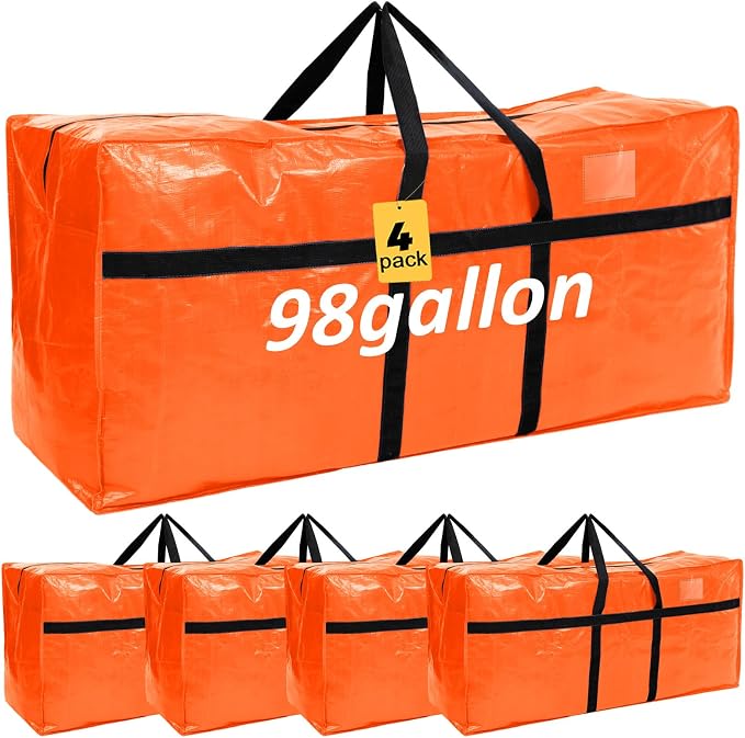 Windyun 4 Pack 98 Gallon Extra Large Moving Bags XXL Heavy Duty Storage Bag with Strong Zipper Handle Jumbo Big Tote Box Foldable for College Dorm Travel Clothes Duffle Blanket Pillow(Orange) by Windyun
