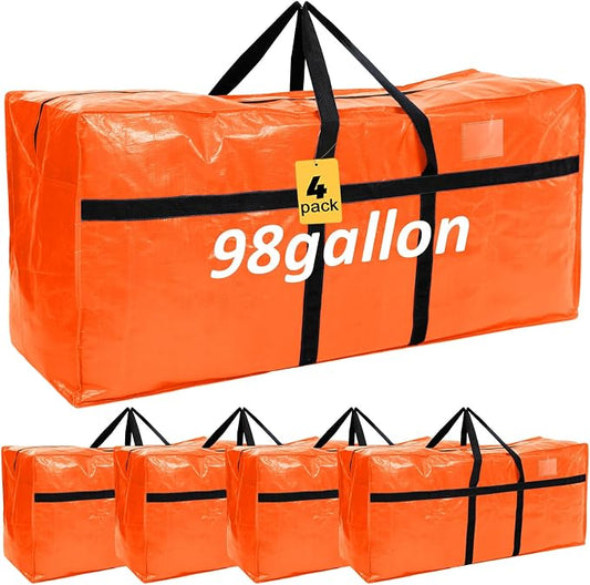 Windyun 4 Pack 98 Gallon Extra Large Moving Bags XXL Heavy Duty Storage Bag with Strong Zipper Handle Jumbo Big Tote Box Foldable for College Dorm Travel Clothes Duffle Blanket Pillow(Orange) by Windyun
