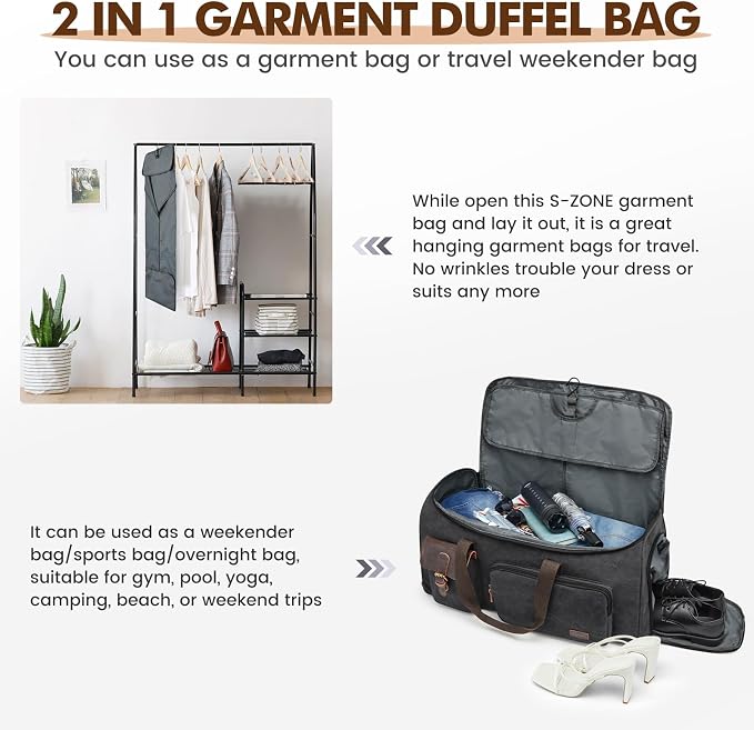 S-ZONE Garment Bags for Travel Canvas Duffle Bags for Men Hanging Suitcase | Individual Toiletry Bag, Multi-Pockets, Carry-on Size, Trolley Sleeve, for Gym or Business - Image 5