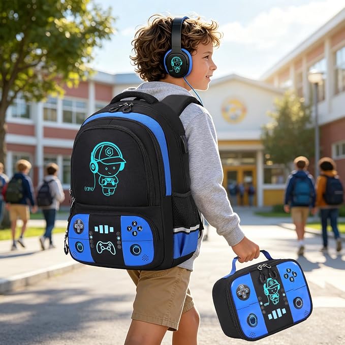Bevalsa Backpack for School Boys,Cool Luminous Gamer Boys Backpacks with Wired Headphones Lunch Box Pencil Case,Kids Schoolbag for Teens Kindergarten Elementary School(Blue Backpack with Headphones) - Image 9