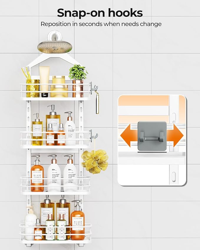 ODesign 4 Tier Adjustable Shower Rack Hanging Over Head Anti-Swing White | Shower organizer hanging,no drilling required,comes with removable hook and storage box, suitable for indoor showers - Image 8