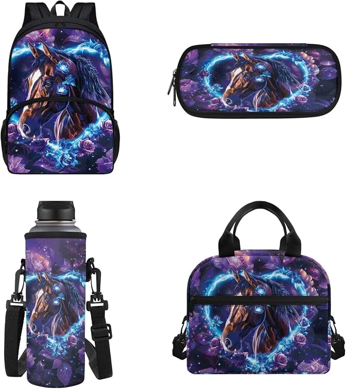 POLERO Floral Horse Backpacks for Girls Aesthetic Bookbags for Elementary Middle Schools 4Pcs Kids School Bag with Lunch Box by WelcometoPOLERO