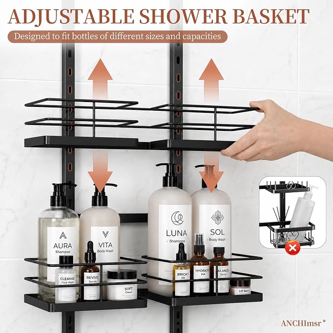 4-Tier Adjustable Hanging Shower Caddy for Handheld Showerhead, Black | Rustproof Shower Rack Baskets, Anti-Swing Hanging Shower Organizer for Bathroom Storage with 2 S-Hooks, Large Capacity - Image 4
