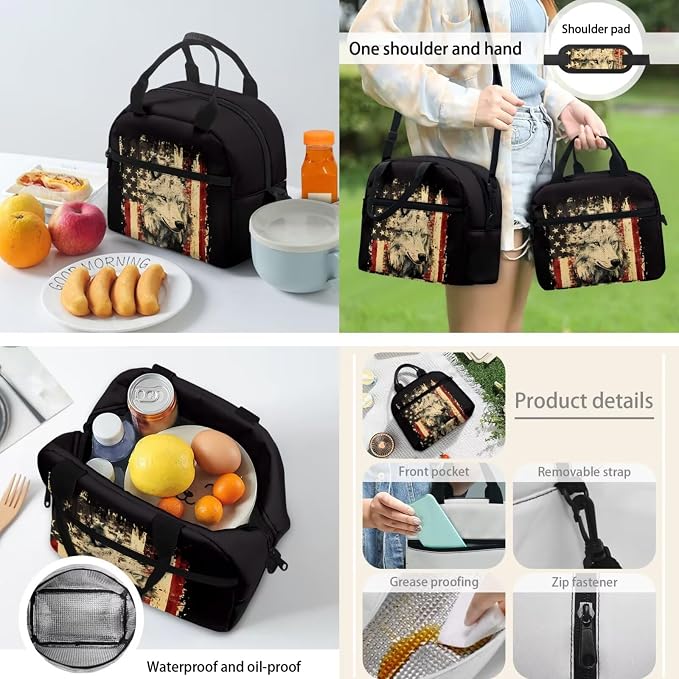 Student Backpack with Leakproof Lunch Bag Pencil Pouch Water Bottle Organizer, USA Flag Wolf Print Casual Double Zipper Large Capacity Travel Book Bag Rucksack for Kids - Image 4