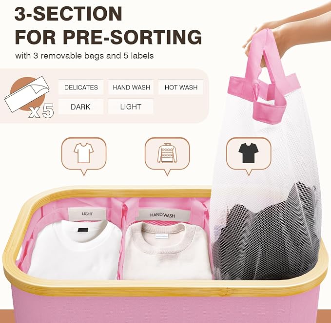 Hampers for Laundry Basket with Lid, 145L Large Laundry Hamper 3 Section | Dirty Clothes Hamper Separator with 3 Removable Bags & 5 Labels, Divided Laundry Organizer for Bedroom, Laundry Room, Pink - Image 3