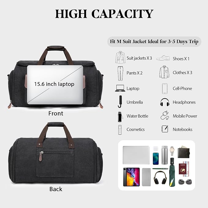 Canvas Garment Bags for Travel, Convertible Carry On Garment Duffel Bag for Men Women, 2 in 1 Suit Bag Hanging Suitcase Business Travel Bag with Shoe Compartment (Black, L) - Image 4