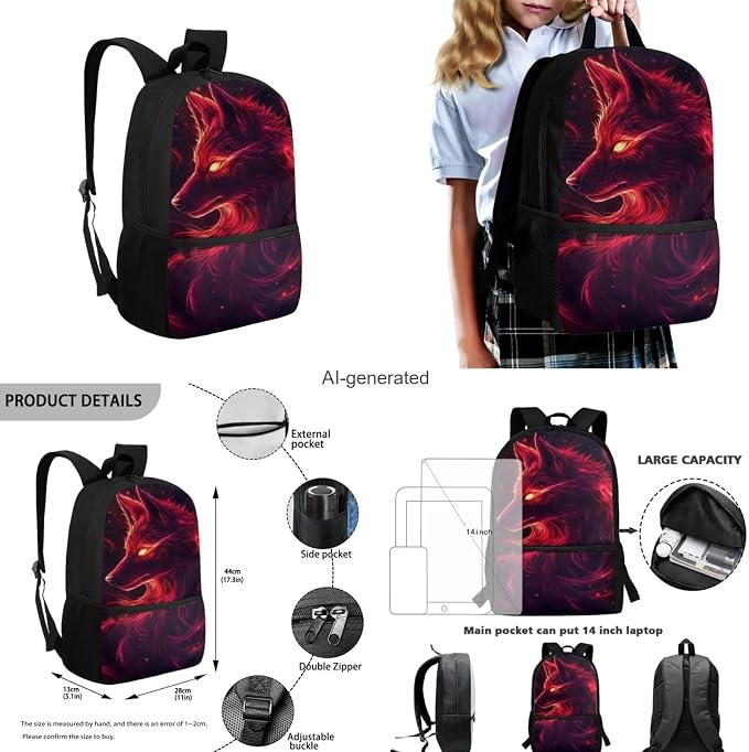 Galaxy Wolf Backpack for Girls Boys Backpack with Lunch Box Water Bottle Holder and Soft Pencil Pouch 4PCS Set 17 inch Bookbag with Front Pocket Large School Bag for Kids Back to School - Image 3