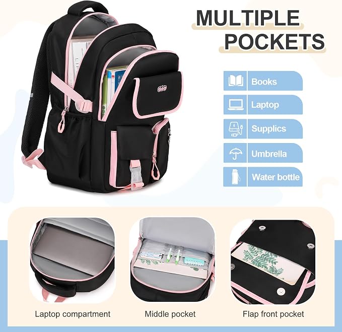 DIGOBAY Backpacks for Girls, 3PCS School Backpack with Lunch Box Pencil Pouch for Teen Girls Kids Elementary Primary Middle High College School Bookbag Set （Black-Pink） - Image 3