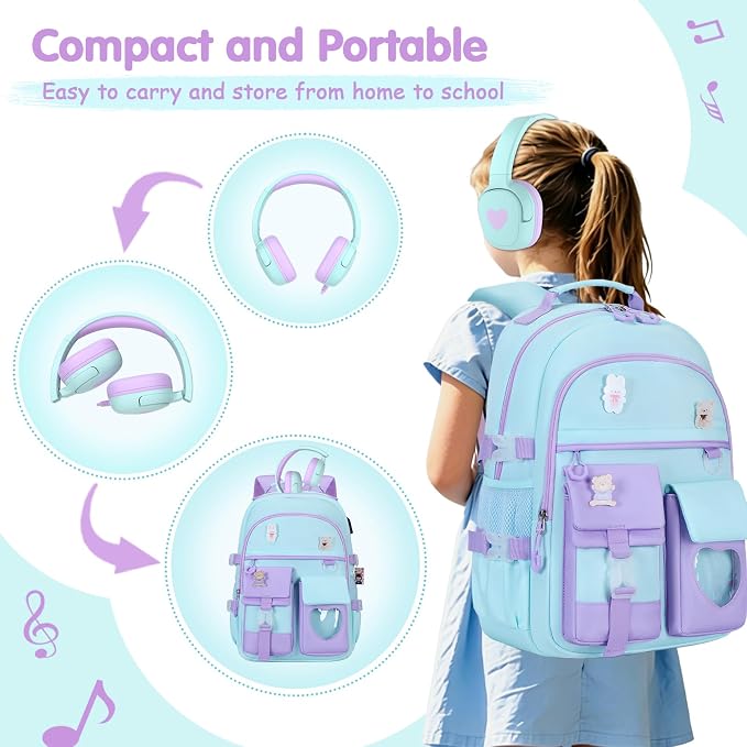 ACESAK Backpack for Girls with Headphones - Girls Backpack with Lunch Box, Pencil Case & Kids Headset - 3.5mm Wired Headphones for School Bookbag Schoolbag Set Back To School Gift (Blue Purple) - Image 5