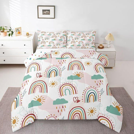 Erosebridal Rainbow Quilt for Kids Girls, Cartoon Sun and Clouds Comforter Set & Pillow Cases, Love Heart Down Comforter Iridescent Stripes Hand Drawn Bedding Set Kawaii Room Decor, Full Size by Erosebridal