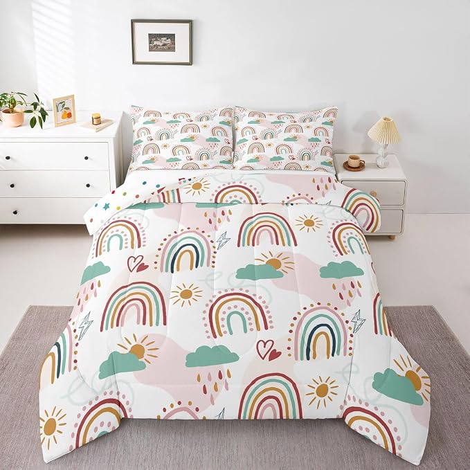 Erosebridal Rainbow Quilt for Kids Girls, Cartoon Sun and Clouds Comforter Set & Pillow Cases, Love Heart Down Comforter Iridescent Stripes Hand Drawn Bedding Set Kawaii Room Decor, Queen Size by Erosebridal