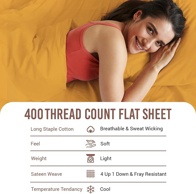 Pizuna Pure 100% Cotton Flat Sheets Only Full Honey Gold (1 PC), Luxurious 400 Thread Count Long Staple Cotton Sateen with 4" Hem (Combed Full Flat Sheet Only Cotton) - Image 4