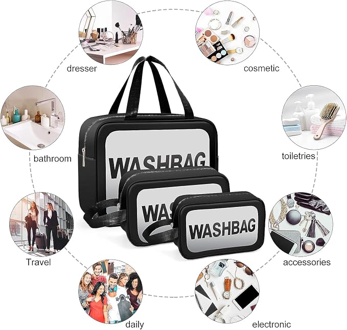 Travel Makeup Pouch Set Toiletry Bag Cosmetic Organizer Bag for Women and Girls Toiletry Storage Kit Set of 3, WASHBAG - BLACK, M, Travel Accessories - Image 3