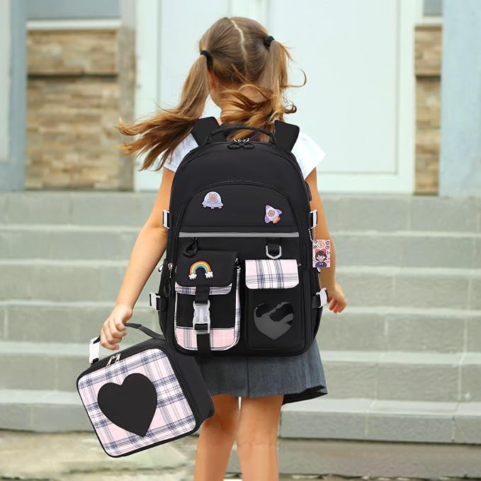 ACESAK Backpack for Girls with Headphones - Girls Backpack with Lunch Box, Pencil Case & Kids Headset - 3.5mm Wired Headphones for School Bookbag Schoolbag Set Back To School Gift (Black) - Image 7