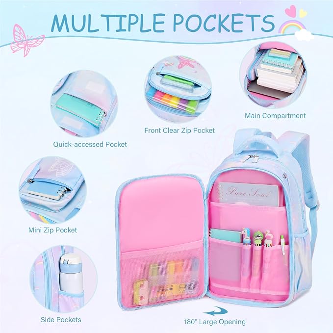 ACESAK Kids School Backpack for Girls, Rainbow Bookbag Backpack with 14OZ Water Bottle, Lunch Bag Set for GirlsTeens Middle Student, Girls Backpacks for School (Blue) - Image 3