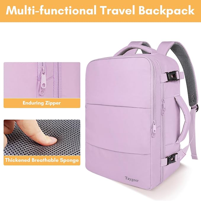Taygeer Travel Backpack for Men Women, TSA Friendly Mochila for Business | Airline Approved Underseat Personal Item Bag with 17.3" Laptop Compartment, Carry On Bag for Weekend Hiking, Orchid Purple - Image 8