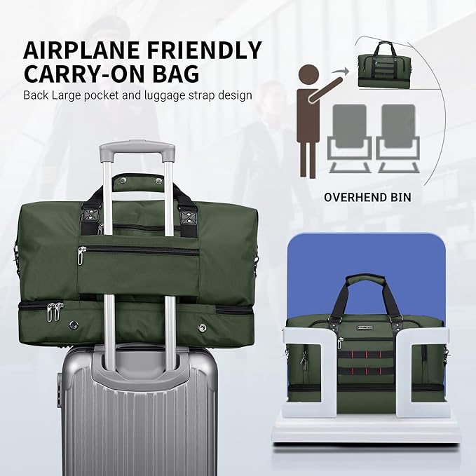 WITZMAN Nylon Duffle Bag for Men 55L with Toiletry Bag Sets Overnight Bag | Multi-pockets with Shoe Compartment and Dry-wet Pocket, Carry On, Convertible for Gym, Overnight, Sports, B696 Army Green - Image 6