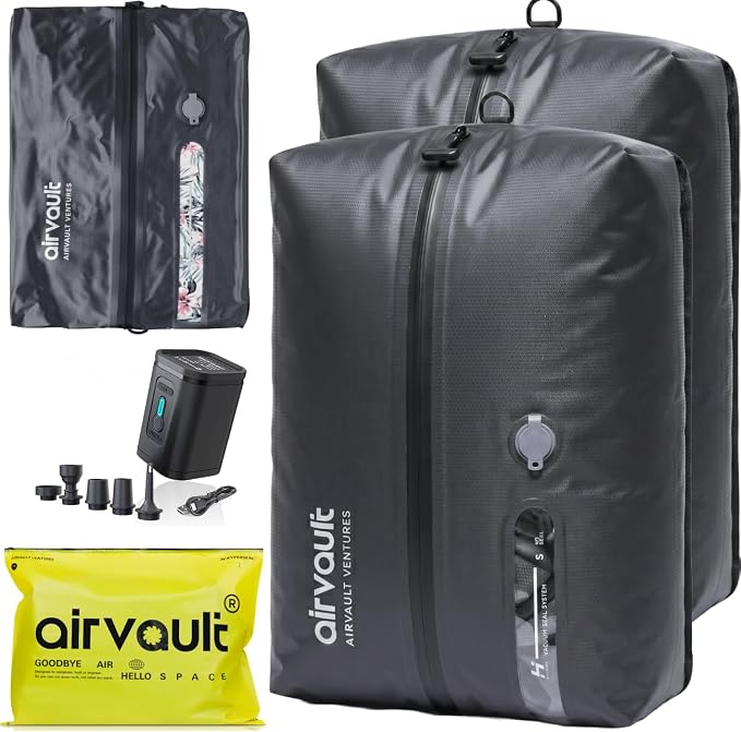 AirVault Reusable Vacuum Compression Travel Bag for Carry-On Suitcase and Backpack, Recycled IPX8 Waterproof Space Saver Vacpack (18L Gray (2-Pack) (Air Pump Included) by AirVault