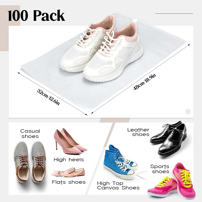 Shappy 100 Pcs White Travel Shoe Bags Non Woven Packing Drawstring Sacks Clear Window Large Storage Pouch Organizer for Men Women - Image 2