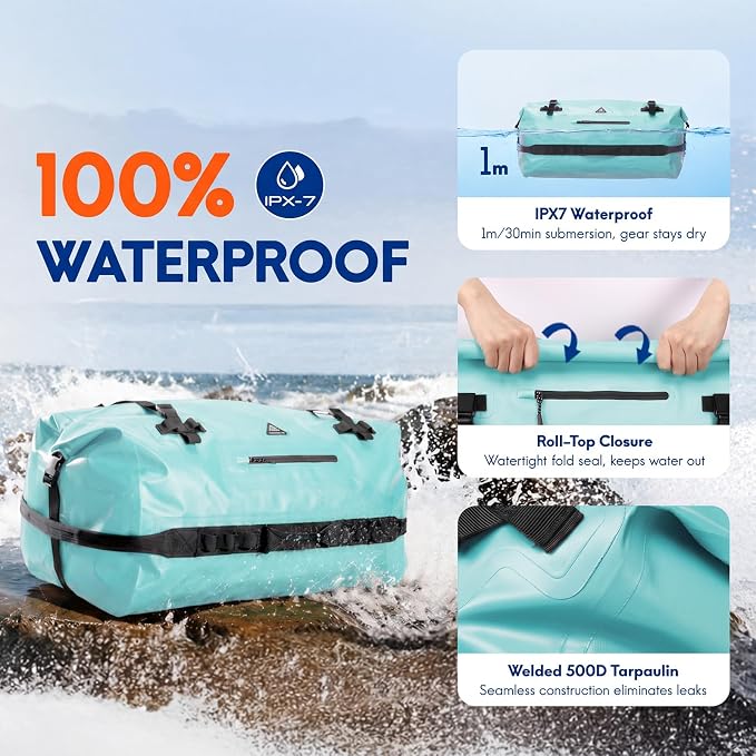 Haimont IPX7 Waterproof Roll-Top Dry Duffel Backpack | 60L/90L Sizes, 500D Tarpaulin, Welded Seams, Mesh Pockets, Boating & Kayaking - Image 2