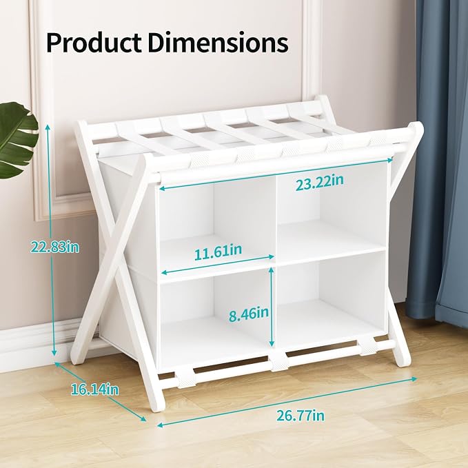 Folding Luggage Rack, 2-Pack White Bamboo Suitcase Stands with 4 Storage Compartments , Sturdy Luggage Holders for Guest Room, Bedroom, Hotel - Image 3