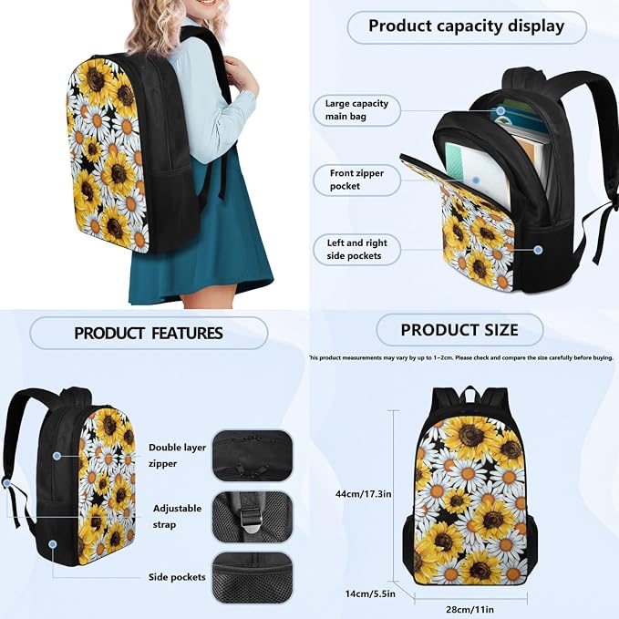 Coloranimal Sunflower Daisy Backapck Set Kids Boys School Bag with Cooler Warm Lunch Bag Pencil Case 3 in 1 Rucksack Daybag Hiking Travel Bag - Image 2