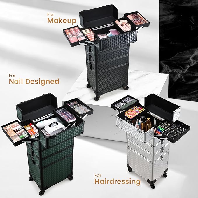 Stagaint Rolling Makeup Case 4 IN 1 Cosmetology Case on Wheels Salon Case | Makeup Organizer Box with Wheels Cosmetic Travel Case Nail Tech Storage Traveling Trunk Box All-Black Diamond - Image 6