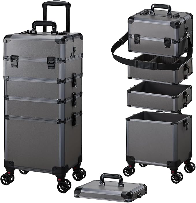 Rolling Makeup Case Makeup Train Case with Lid 5 in 1 Cosmetology Case on Wheels Cosmetic Trolley Organizer Large Makeup Organizers Case Profesional Cosmetic Case for Salon Barber Nail Beauty, Grey by Frenessa