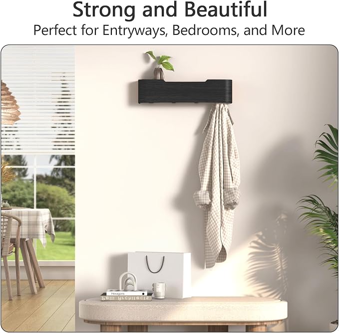 Coat Rack Wall Mount with Shelf 4 Hidden Hooks Modern Wooden Key Holder Entryway Organizer for Hallway Bedroom Bathroom Home Decor Storage for Hanging Coats Hats Bags Towels, Black - Image 5