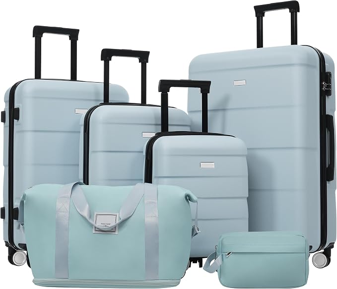 Light Blue 6 Piece Luggage Set Hard Shell - Traveling Suitcases with Spinner Wheels and Duffel Bags for Family Travel, Durable Carry On Luggage Sets with Lock for Women and Men by Unknown