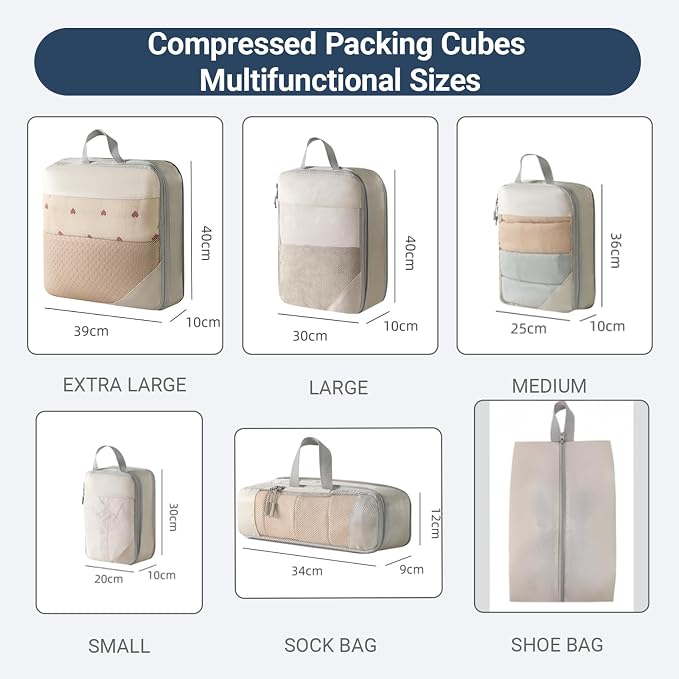 6 Set Compression Packing Cubes,Garment bags for travel,Luggage Organizers for Carry-on Suitcase,Beige - Image 5