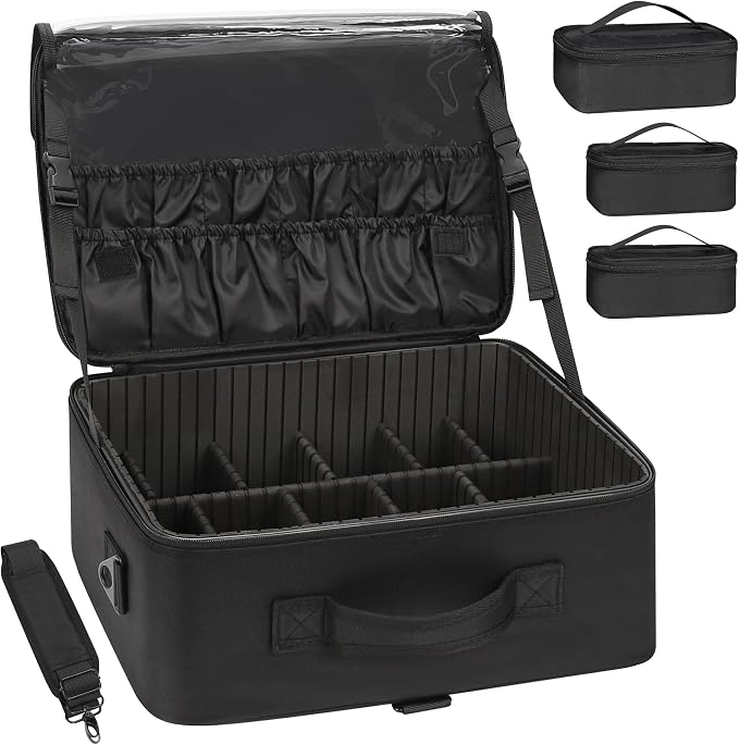 Relavel Large Makeup Bag with 3 Removable Pouches, Travel Train Case Cosmetic Organizer Carrying Box for Makeup Artists Hairstylist with Adjustable Dividers, Brush Holder and Shoulder Strap, Black by Relavel