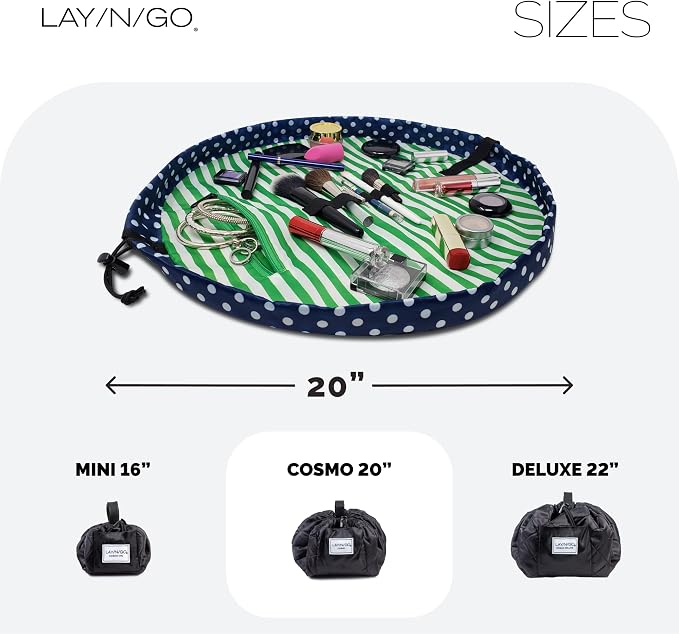 Lay-n-Go Cosmo Layflat Drawstring Cosmetic & Makeup Bag Organizer w/Zipper Pocket, Brush Loops & More, Cinch to Close, Lay Flat to Use, Durable, Machine Wash, Travel Toiletry Bag (20", Navy/Green) - Image 5
